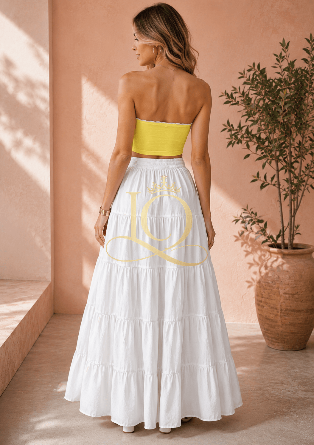 Lemon Luxe 3-Piece Co-ord Set — Yellow top wear & white long skirt, yellow small hand bag — view 2
