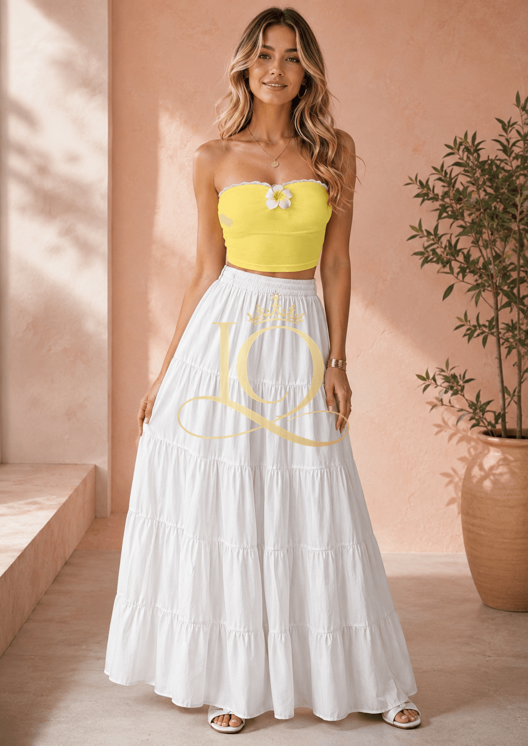 Lemon Luxe 3-Piece Co-ord Set — Yellow top wear & white long skirt, yellow small hand bag — view 1